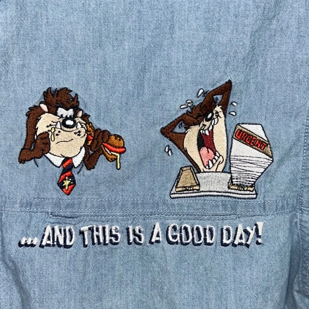 Vintage Warner Brothers Studio Taz Tasmanian Devil Denim Shirt Cartoon Medium - Picture 5 of 13